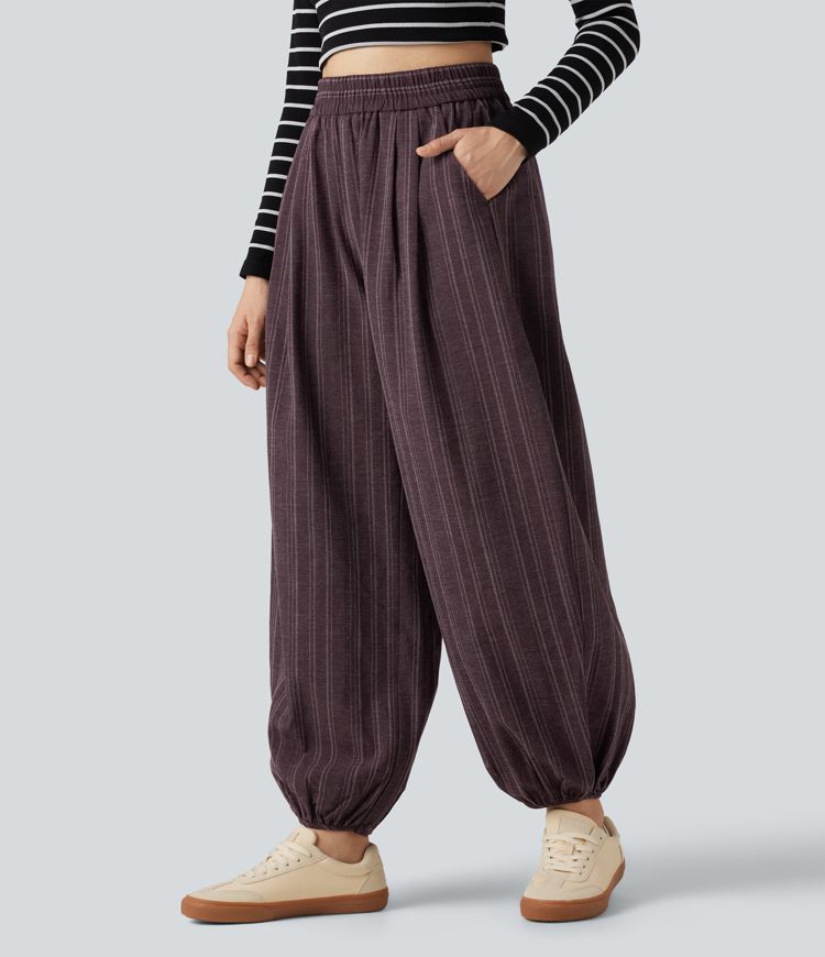 High Waisted Stripe Casual Linen-Feel Joggers with Pockets