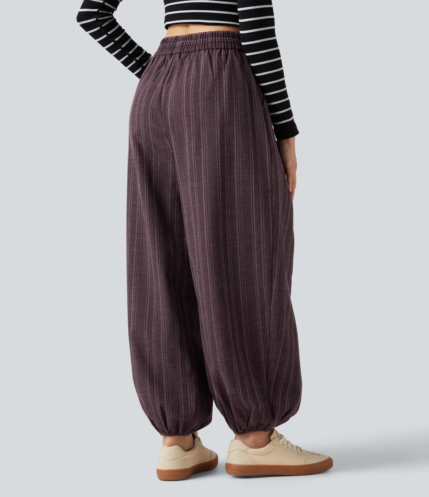 High Waisted Stripe Casual Linen-Feel Joggers with Pockets