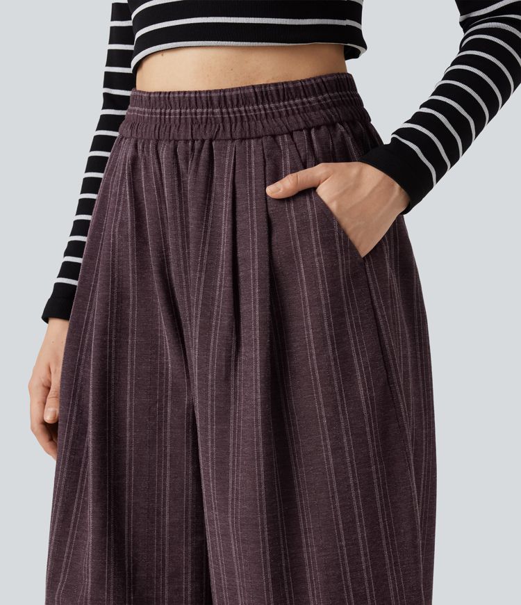 High Waisted Stripe Casual Linen-Feel Joggers with Pockets