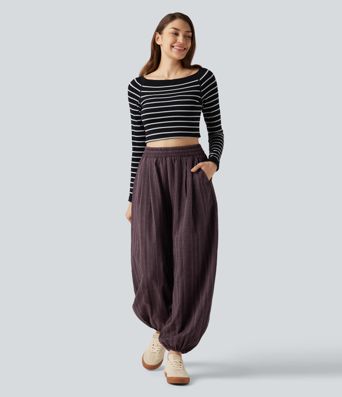 High Waisted Stripe Casual Linen-Feel Joggers with Pockets