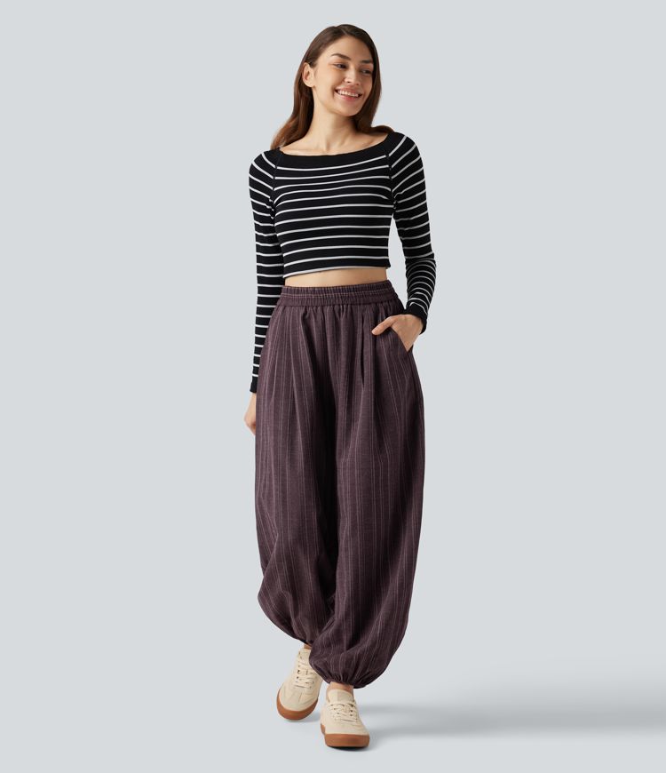 High Waisted Stripe Casual Linen-Feel Joggers with Pockets