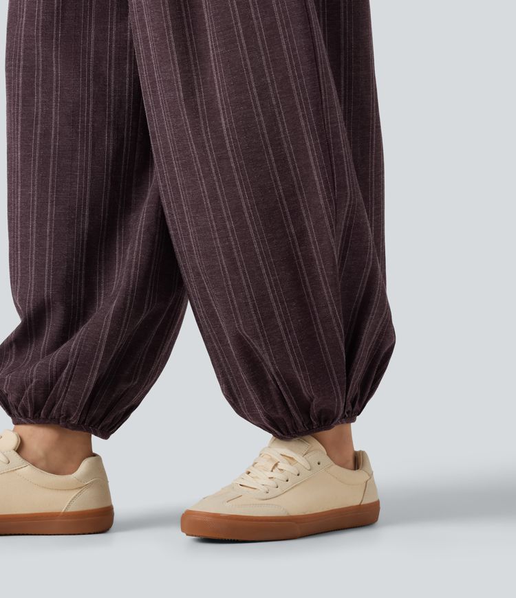 High Waisted Stripe Casual Linen-Feel Joggers with Pockets