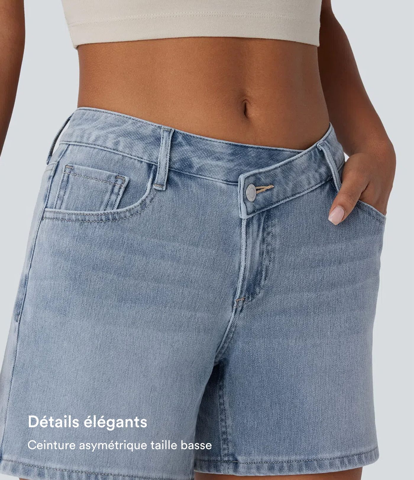 Short asymétrique en jean délavé Halara Flex™ taille basse à poches multiples