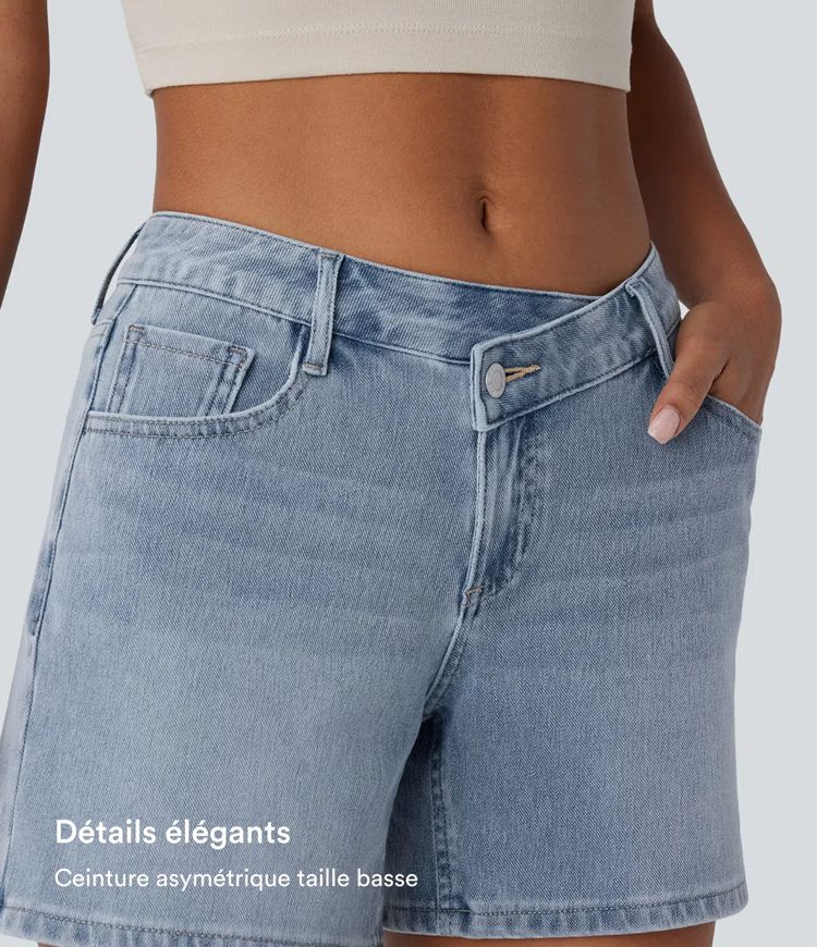 Short asymétrique en jean délavé Halara Flex™ taille basse à poches multiples