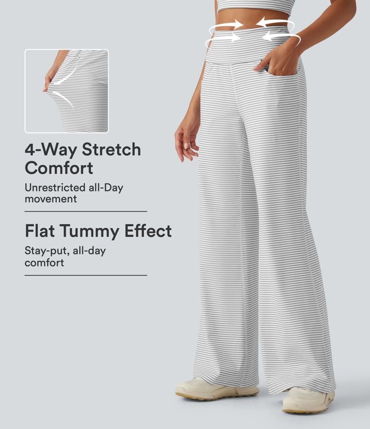 Mid Rise Foldover Waistband Stripes Flare Yoga Leggings with Pockets Mid Rise Foldover Waistband Stripes Flare Yoga Leggings with Pockets