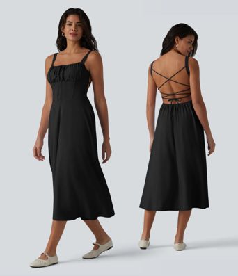 Robe fluide midi de villégiature sans manches, encolure carrée, dos nu croisé, fronces et soutien-gorge intégré