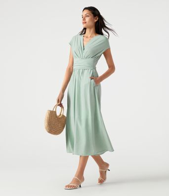 V Neck Short Sleeve Tie Back Midi Casual Linen-Blend Flowy Dress with Pockets