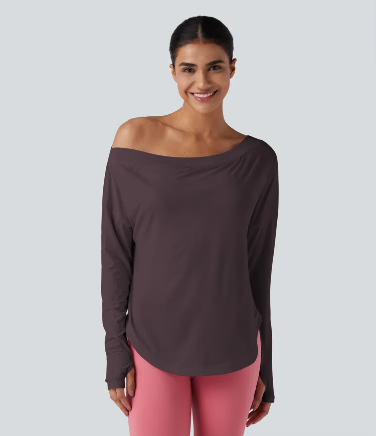 Night's Purple One Shoulder Long Sleeve Thumb Hole Curved Hem High Low Quick Dry Yoga Sports Top-Built-in Bra / 2