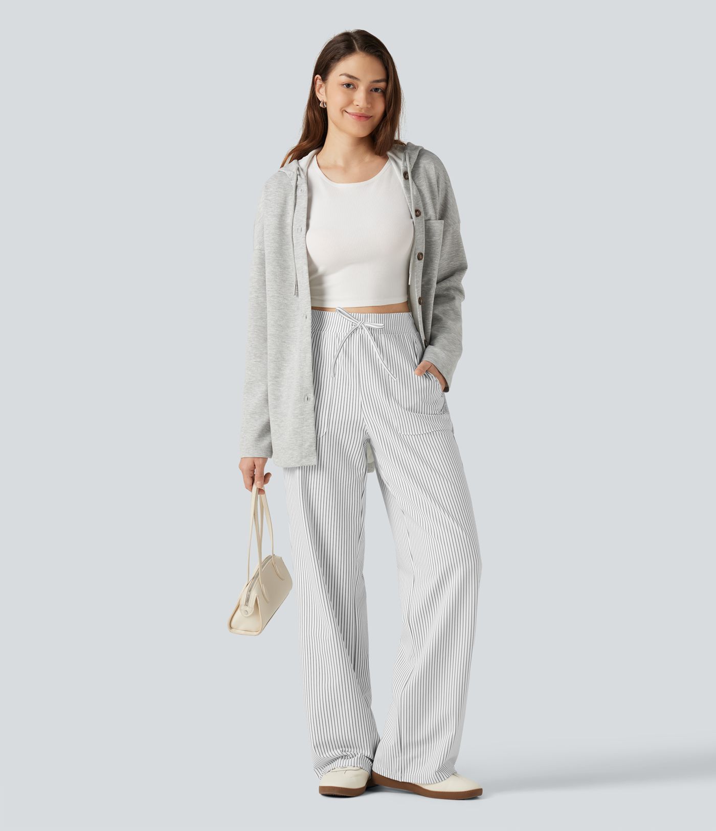 High Waisted Drawstring Straight Leg Stripe Casual Pants with Pockets High Waisted Drawstring Straight Leg Stripe Casual Pants with Pockets