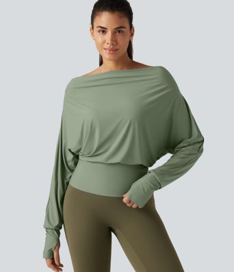 Tops de sport à épaules dénudées, manches longues style chauve-souris