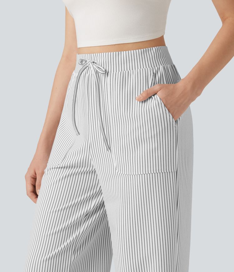 High Waisted Drawstring Straight Leg Stripe Casual Pants with Pockets High Waisted Drawstring Straight Leg Stripe Casual Pants with Pockets
