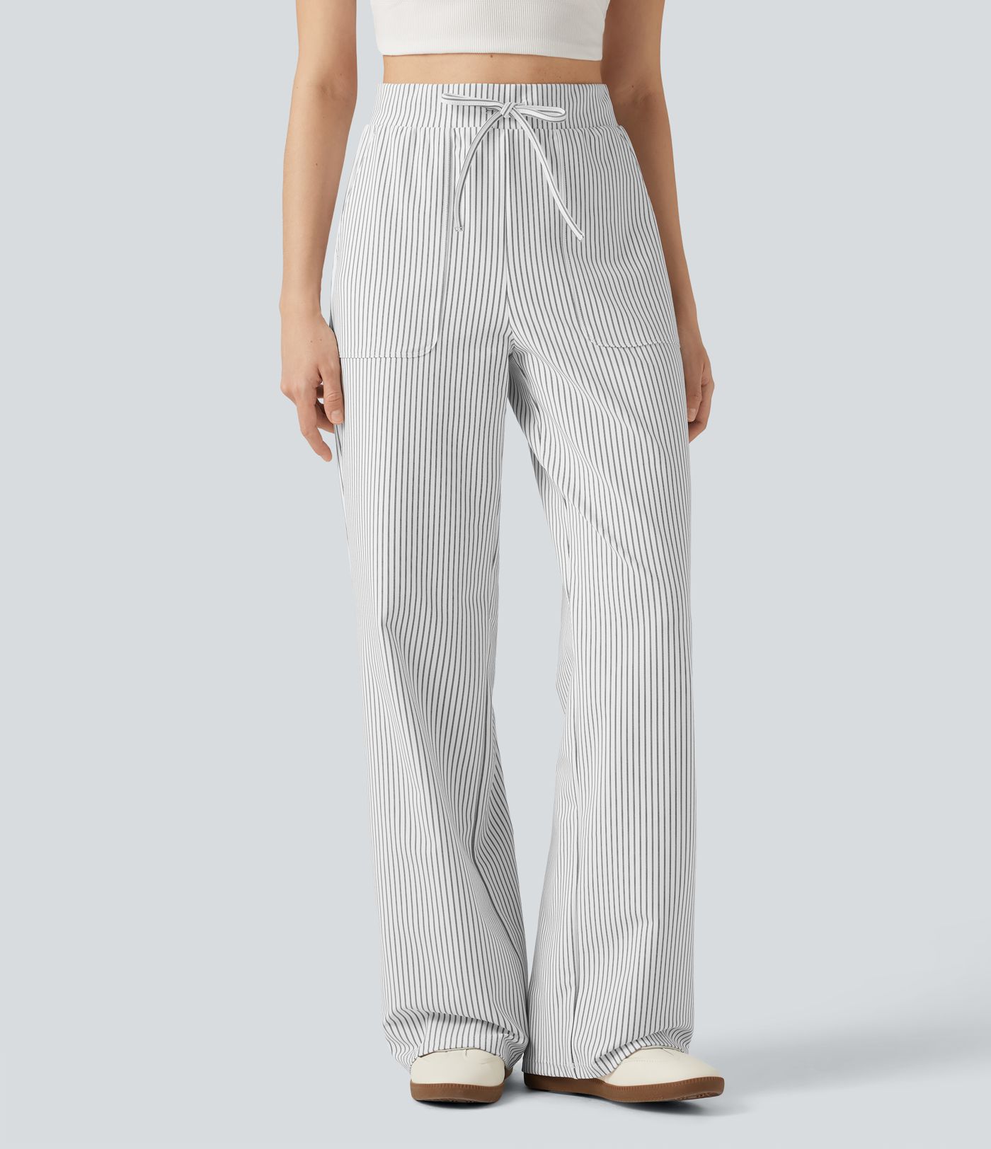 High Waisted Drawstring Straight Leg Stripe Casual Pants with Pockets High Waisted Drawstring Straight Leg Stripe Casual Pants with Pockets
