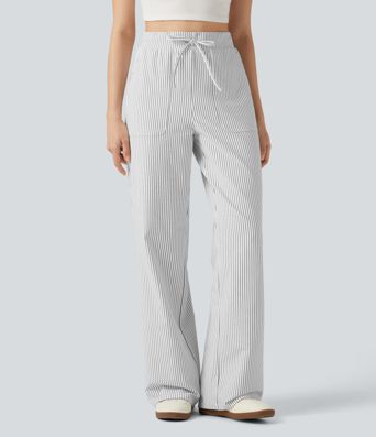 High Waisted Drawstring Straight Leg Stripe Casual Pants with Pockets High Waisted Drawstring Straight Leg Stripe Casual Pants with Pockets