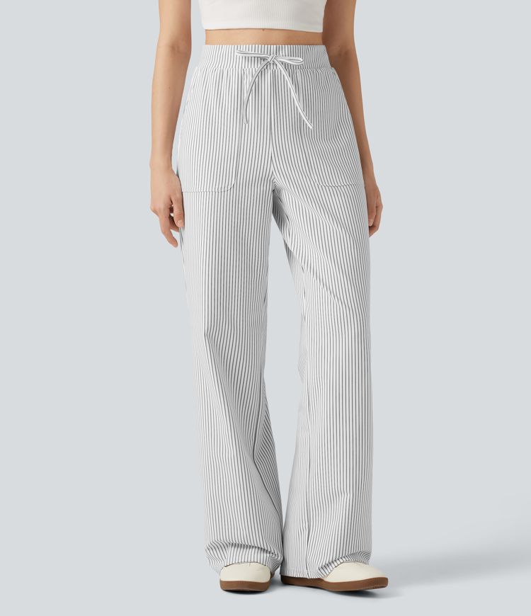 High Waisted Drawstring Straight Leg Stripe Casual Pants with Pockets High Waisted Drawstring Straight Leg Stripe Casual Pants with Pockets