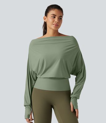Tops de sport à épaules dénudées, manches longues style chauve-souris