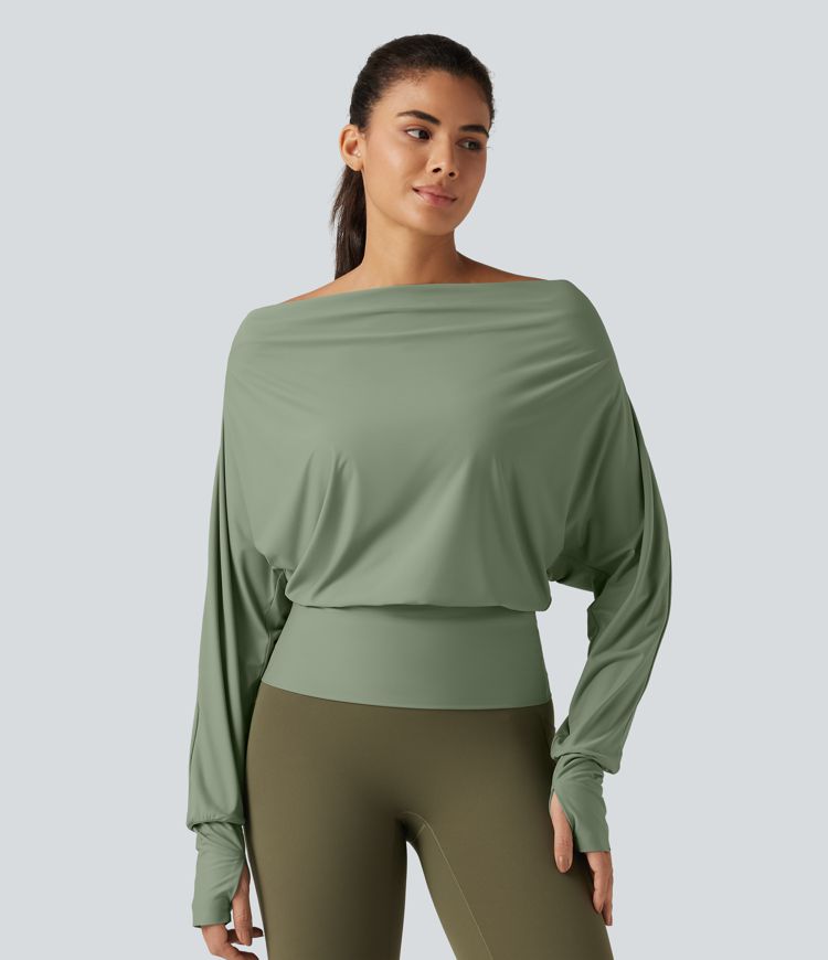 Tops de sport à épaules dénudées, manches longues style chauve-souris