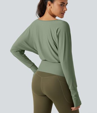 Tops de sport à épaules dénudées, manches longues style chauve-souris
