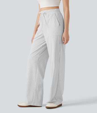 High Waisted Drawstring Straight Leg Stripe Casual Pants with Pockets High Waisted Drawstring Straight Leg Stripe Casual Pants with Pockets