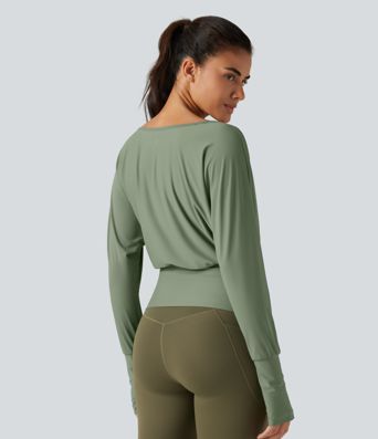 Tops de sport à épaules dénudées, manches longues style chauve-souris