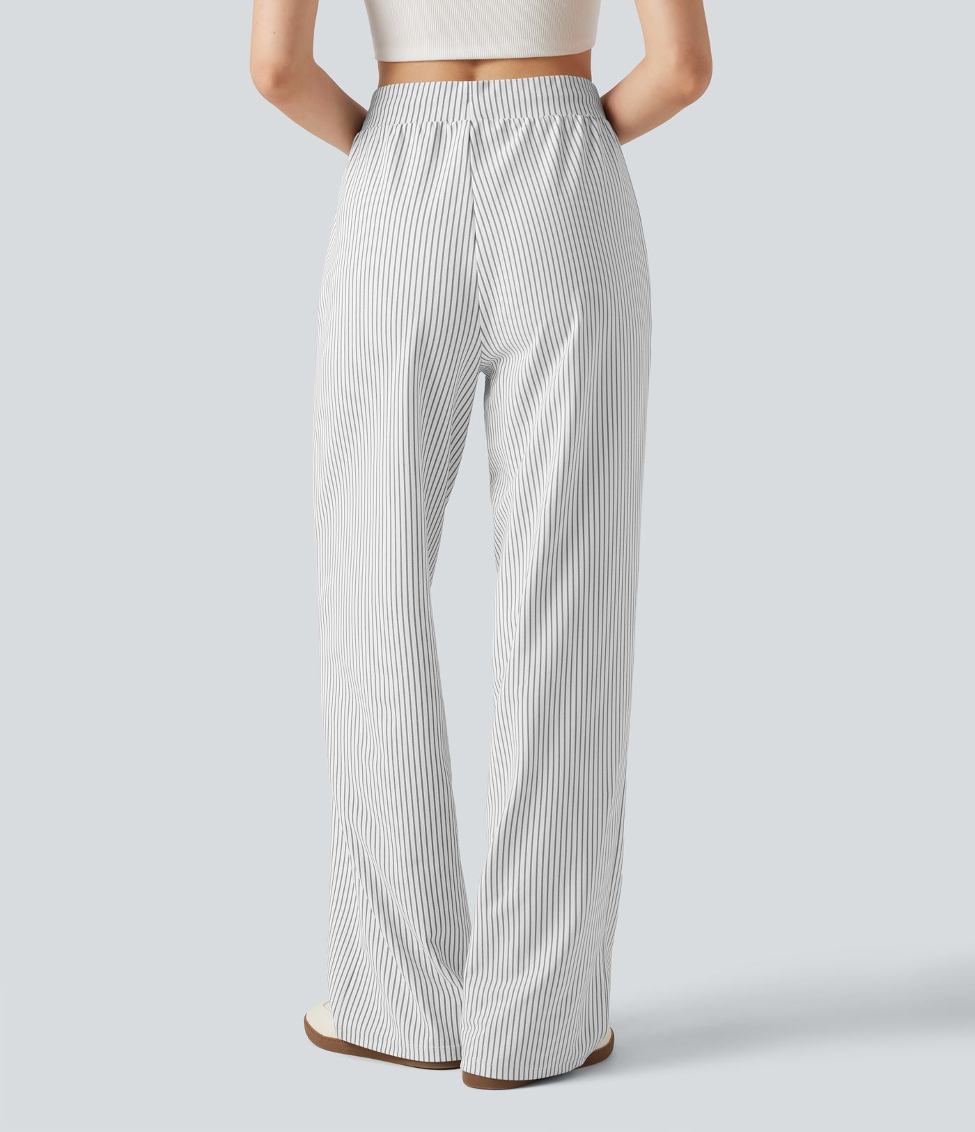 High Waisted Drawstring Straight Leg Stripe Casual Pants with Pockets High Waisted Drawstring Straight Leg Stripe Casual Pants with Pockets