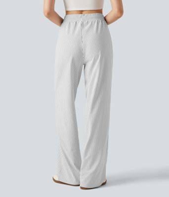 High Waisted Drawstring Straight Leg Stripe Casual Pants with Pockets High Waisted Drawstring Straight Leg Stripe Casual Pants with Pockets