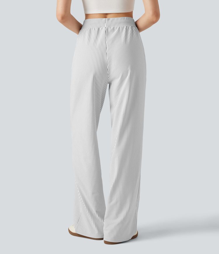 High Waisted Drawstring Straight Leg Stripe Casual Pants with Pockets High Waisted Drawstring Straight Leg Stripe Casual Pants with Pockets
