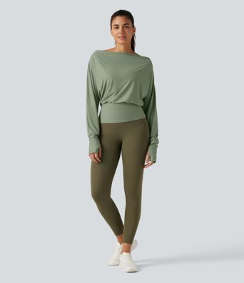 Tops de sport à épaules dénudées, manches longues style chauve-souris