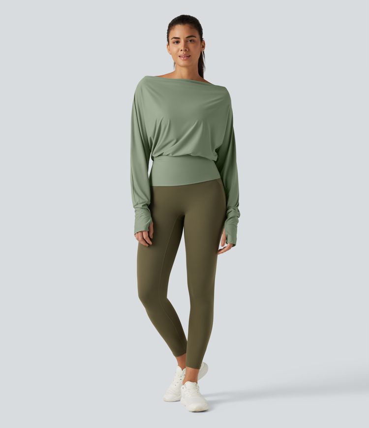 Tops de sport à épaules dénudées, manches longues style chauve-souris