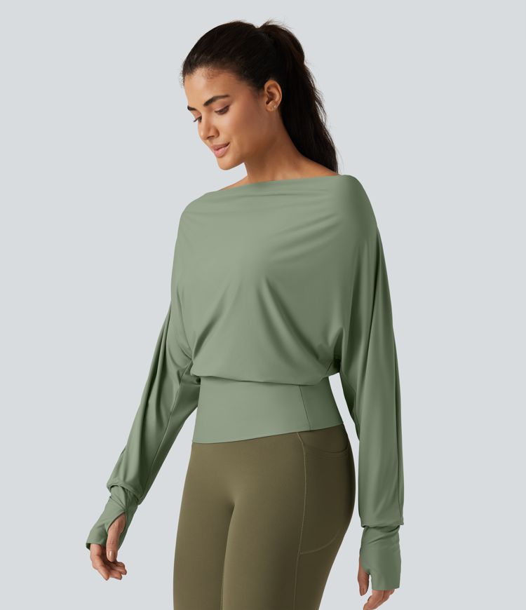 Tops de sport à épaules dénudées, manches longues style chauve-souris