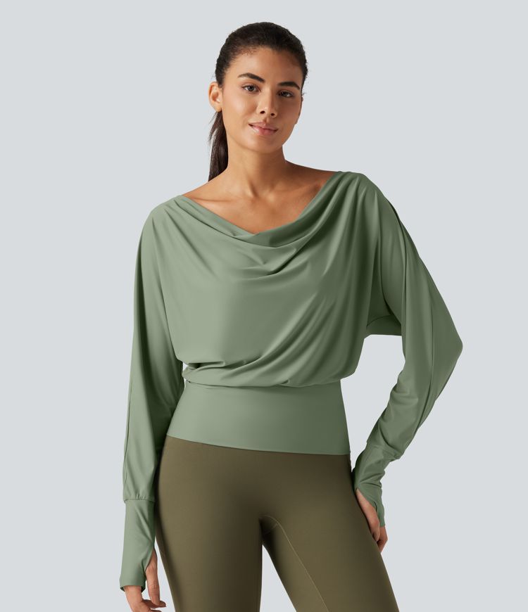 Tops de sport à épaules dénudées, manches longues style chauve-souris