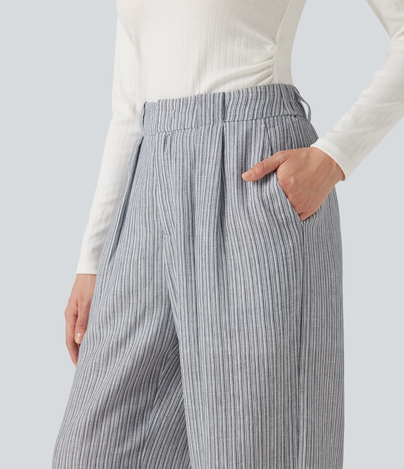 High Waisted Baggy Stripe Casual Linen-Feel Pants with Pockets High Waisted Baggy Stripe Casual Linen-Feel Pants with Pockets