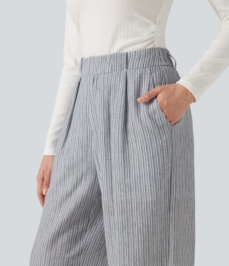 High Waisted Baggy Stripe Casual Linen-Feel Pants with Pockets High Waisted Baggy Stripe Casual Linen-Feel Pants with Pockets