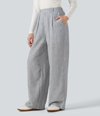 High Waisted Baggy Stripe Casual Linen-Feel Pants with Pockets High Waisted Baggy Stripe Casual Linen-Feel Pants with Pockets