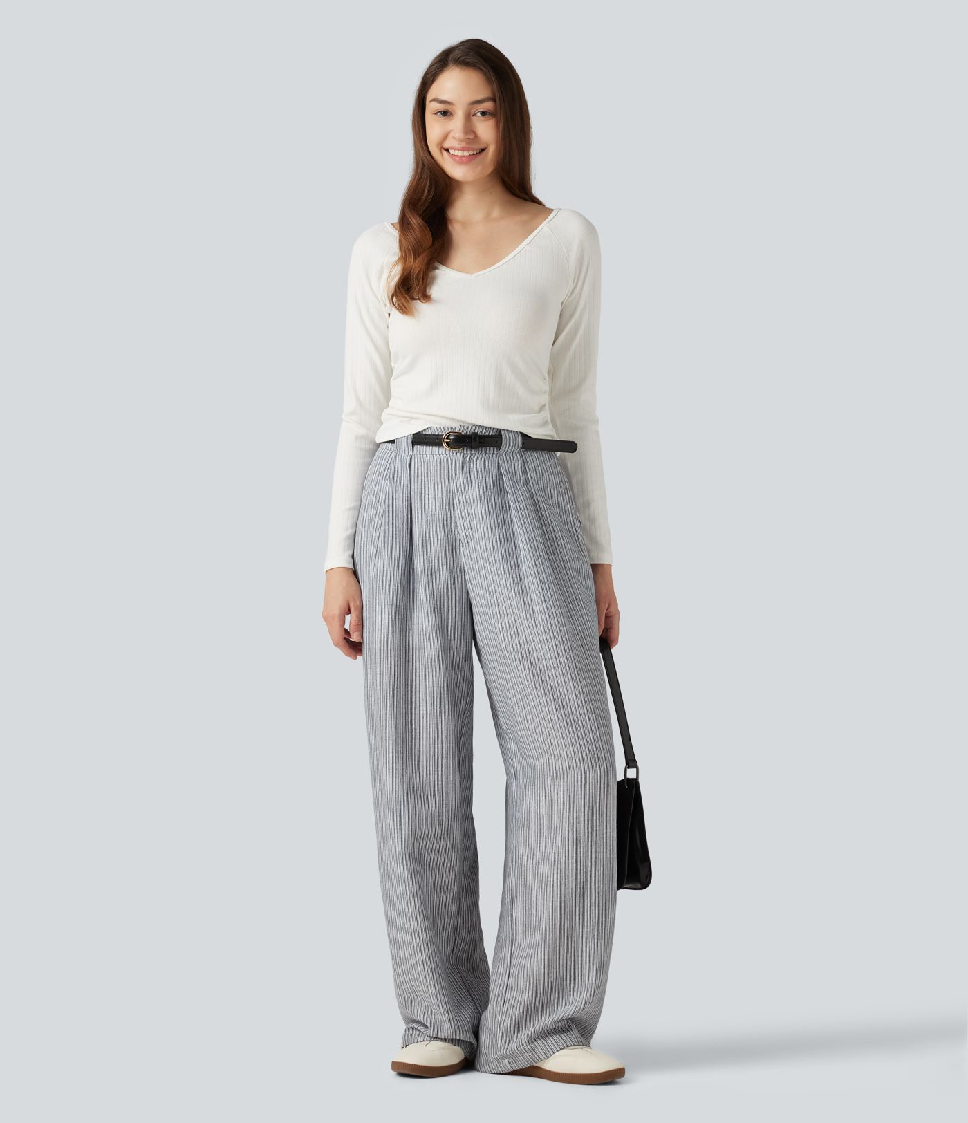 High Waisted Baggy Stripe Casual Linen-Feel Pants with Pockets High Waisted Baggy Stripe Casual Linen-Feel Pants with Pockets
