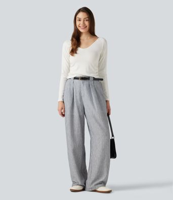 High Waisted Baggy Stripe Casual Linen-Feel Pants with Pockets High Waisted Baggy Stripe Casual Linen-Feel Pants with Pockets