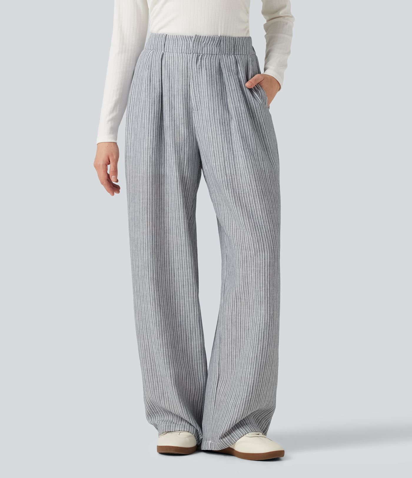 High Waisted Baggy Stripe Casual Linen-Feel Pants with Pockets High Waisted Baggy Stripe Casual Linen-Feel Pants with Pockets