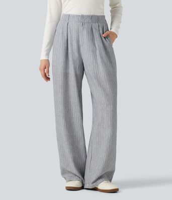 High Waisted Baggy Stripe Casual Linen-Feel Pants with Pockets High Waisted Baggy Stripe Casual Linen-Feel Pants with Pockets