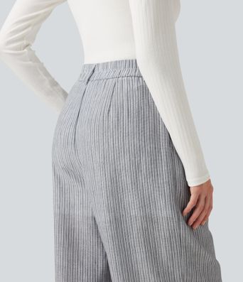 High Waisted Baggy Stripe Casual Linen-Feel Pants with Pockets High Waisted Baggy Stripe Casual Linen-Feel Pants with Pockets