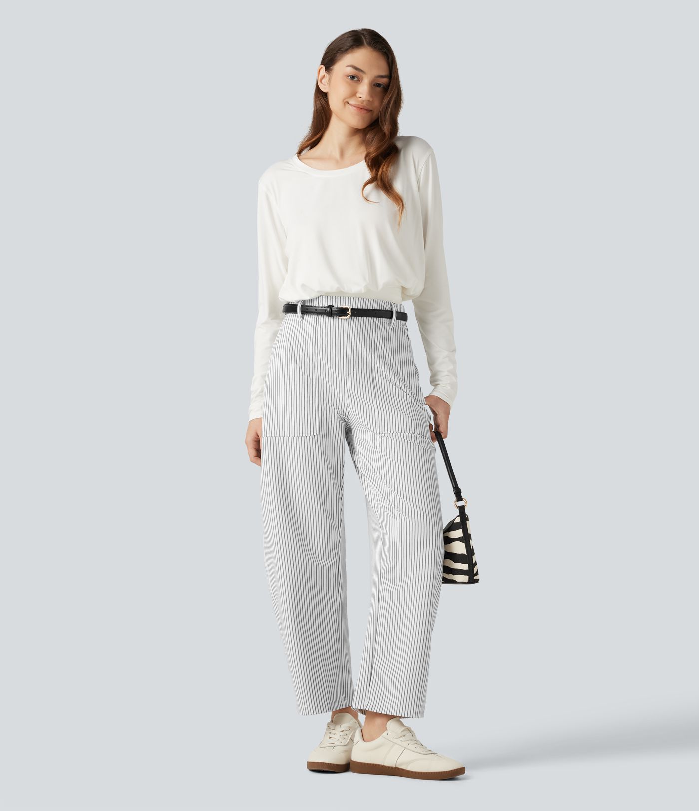 High Waisted Barrel Leg Stripe Casual Pants with Pockets High Waisted Barrel Leg Stripe Casual Pants with Pockets