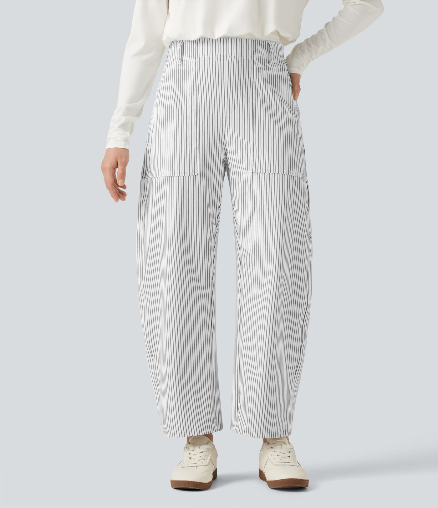 High Waisted Barrel Leg Stripe Casual Pants with Pockets High Waisted Barrel Leg Stripe Casual Pants with Pockets