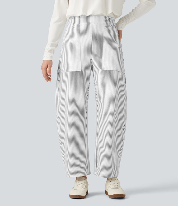High Waisted Barrel Leg Stripe Casual Pants with Pockets High Waisted Barrel Leg Stripe Casual Pants with Pockets