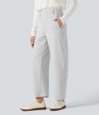High Waisted Barrel Leg Stripe Casual Pants with Pockets High Waisted Barrel Leg Stripe Casual Pants with Pockets