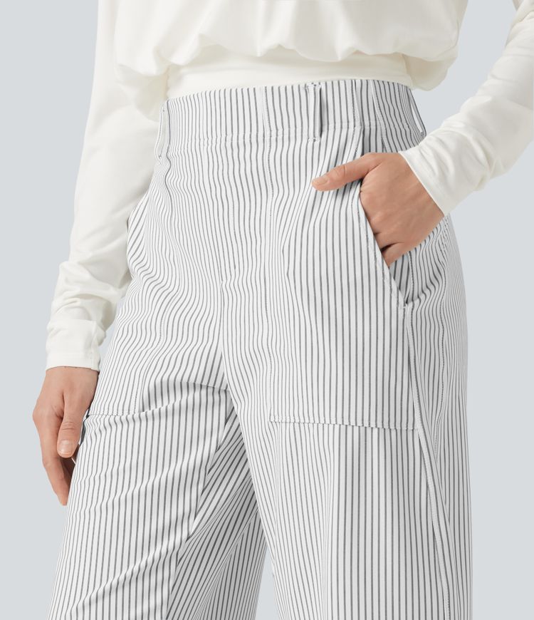 High Waisted Barrel Leg Stripe Casual Pants with Pockets High Waisted Barrel Leg Stripe Casual Pants with Pockets