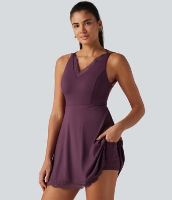 SoftlyZero™ Airy V Neck 2-in-1 Built-in Bra Contrast Lace InstantCool Mini Dance Dress with Pockets-Easy Peezy Edition SoftlyZero™ Airy V Neck 2-in-1 Built-in Bra Contrast Lace InstantCool Mini Dance Dress with Pockets-Easy Peezy Edition