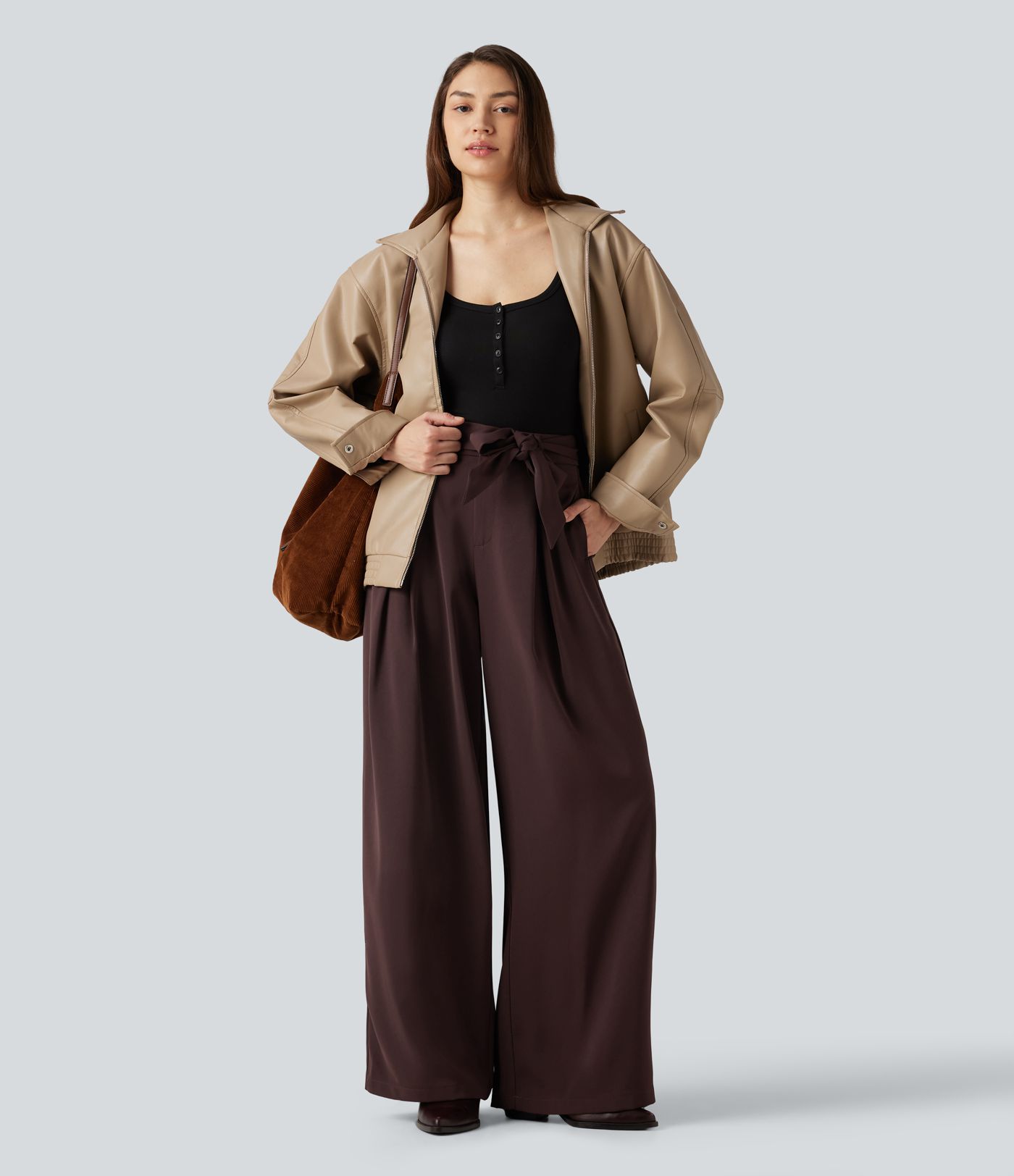 High Waisted Belted Wide Leg Baggy Work Pants with Pockets High Waisted Belted Wide Leg Baggy Work Pants with Pockets