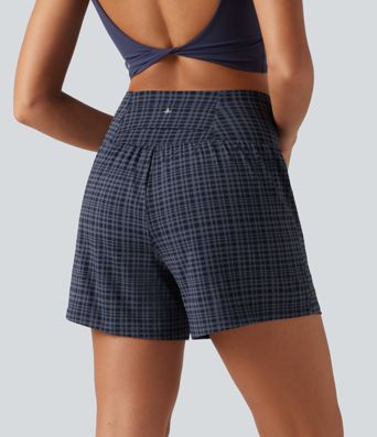High Waisted 2-in-1 Plaid Yoga Shorts 5'' with Pockets