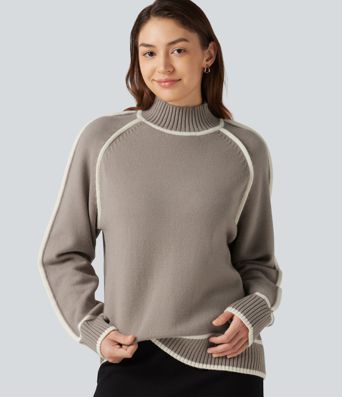Mock Neck Raglan Long Sleeve Color Block Work Sweater
