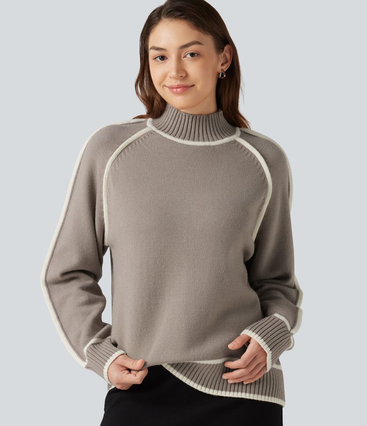 Mock Neck Raglan Long Sleeve Color Block Work Sweater