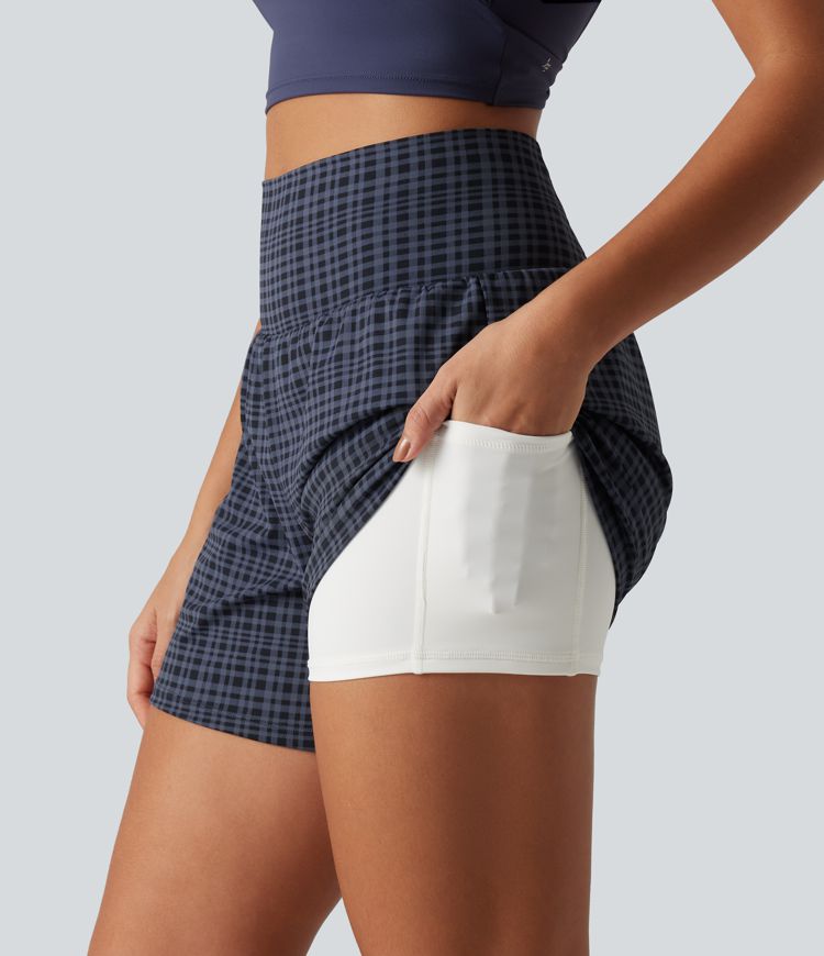 High Waisted 2-in-1 Plaid Yoga Shorts 5'' with Pockets