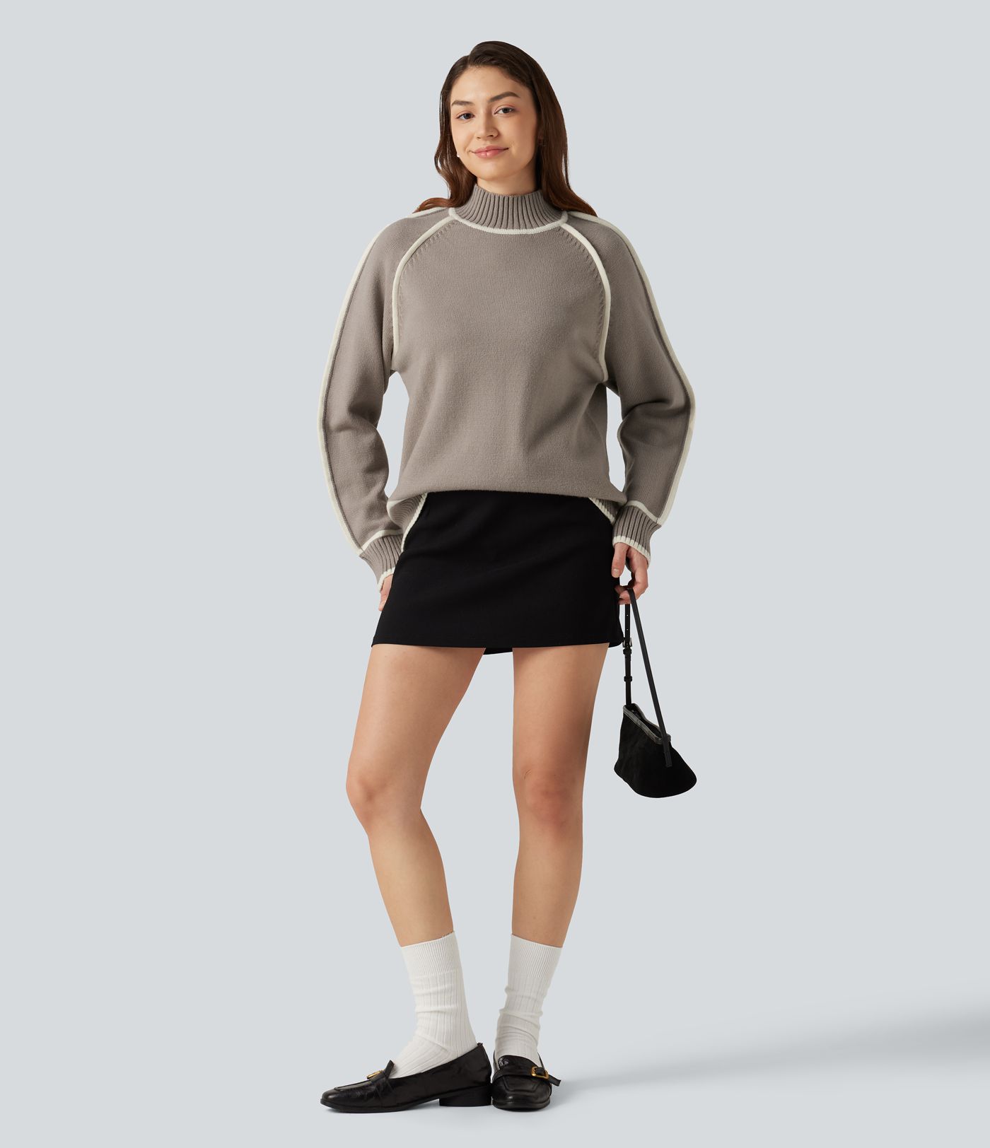 Mock Neck Raglan Long Sleeve Color Block Work Sweater